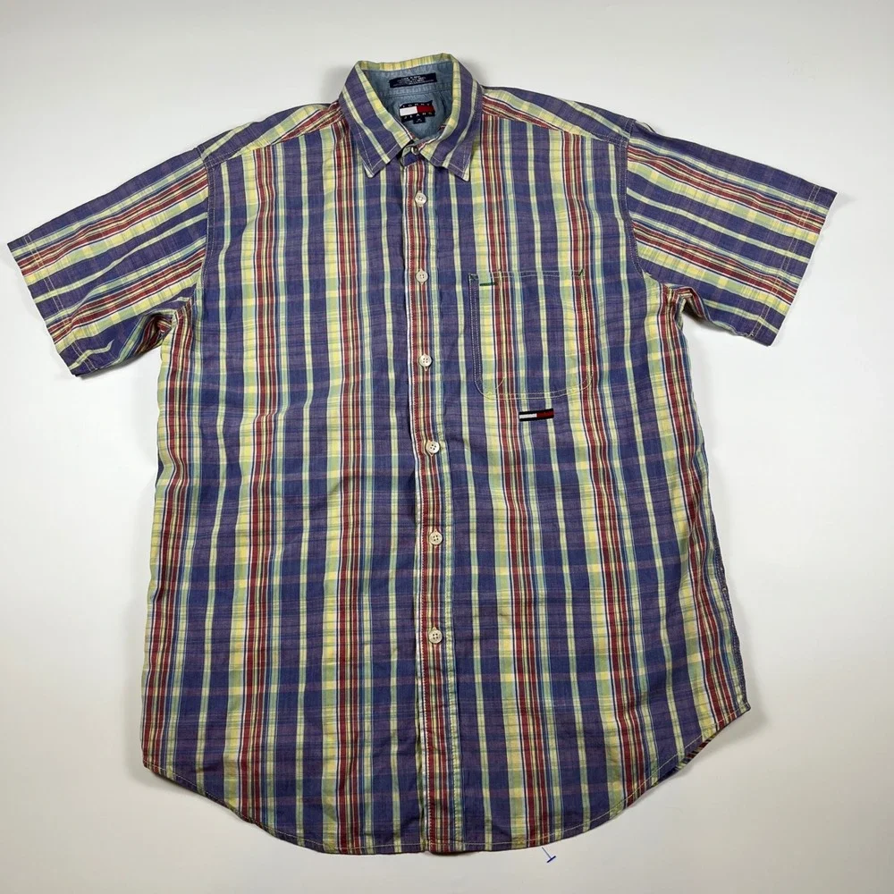 VTG Tommy Jeans Mens M Plaid Short Sleeve Button Down Shirt Multi-Color Cotton